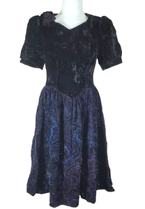Jessica McClintock Gunne Sax Dress 12 Black Crushed Velvet Blue Prom Cocktail - Picture 1 of 12