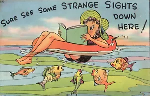 Seguro que ves algunas miras extrañas aquí abajo! POSTAL Peces, Baño, Vacaciones, Verano - Imagen 1 de 2
