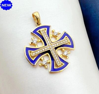 Colgante Cruz de Jerusalén con esmalte azul circonita cúbica dije religioso oro amarillo de 14kt Foto 1 de 4