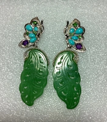 Turquoise & Jade Butterfly Earrings w/Amethyst, Crome Diopside Sterling .925 - Image 1 of 4
