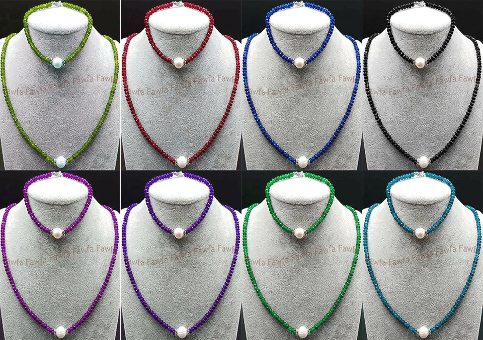 2x4mm Faceted Gemstone Rondelle Beads 8-9mm White Pearl Necklace Bracelet Set - Image 1 of 4