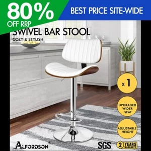 ALFORDSON 1x Bar Stool Kitchen Swivel Chair Wooden Leather Gas Lift White - Picture 1 of 12