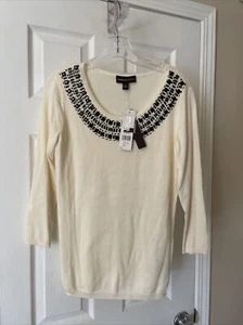 Dana Buchman Sz S Gorgeous Gold pull over Ivory Black Bead Sweater Top NWT - Picture 1 of 4