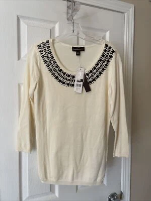 Dana Buchman Sz S шикарный TM золотой пуловер слоновой кости черный бусина свитер верхний новый с Ярлыками - Изображение 1 из 4