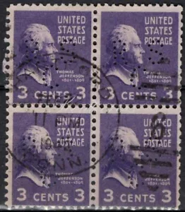 Perfins USA 1938, Sc807 4x 3c Thomas Jefferson. Used RSC - Picture 1 of 3