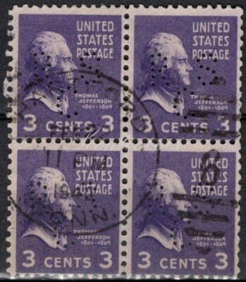 Perfins USA 1938, Sc807 4x 3c Thomas Jefferson. Used RSC - Image 1 of 3