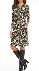 J. MCLAUGHLIN Catalyst Ponte Knit Dress Medium 3/4 Sl Feather Print Olive EUC - Picture 1 of 12