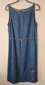 Democracy Denim Jumper Dress Women L Blue Pink Embroidered Floral CottageCore  - Picture 1 of 13
