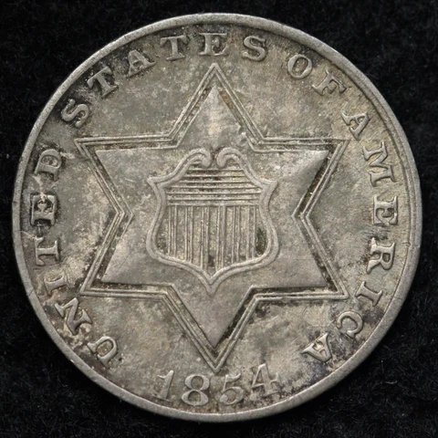 1854 TYPE 2 Three Cent Silver Piece CHOICE AU E386 SQFB Cover