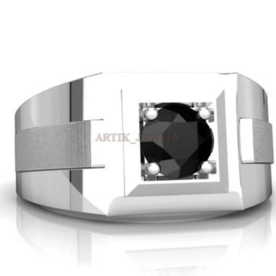 Natural Black Onyx Gemstone with 14K White Gold Plated Silver Ring for Men #1206 - Image 1 of 4