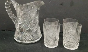 Jarra de agua de vidrio vintage American Brilliant Period cortada con 4 vasos - Imagen 1 de 9