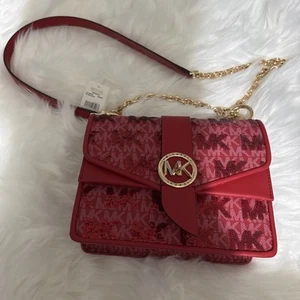 MICHAEL KORS GREENWICH SMALL SHOULDER FLAP CROSSBODY BAG MK RED MULTI - Picture 1 of 11