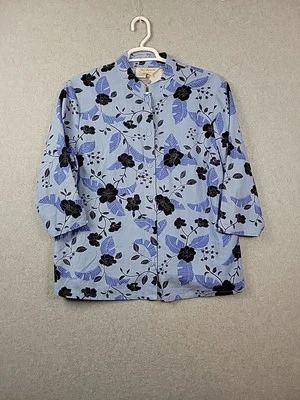 Norm Thompson 亚麻人造丝蓝色花卉 3/4 袖纽扣衬衫女式加 1X  — 第 1/4 张图片