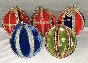 Vtg 60s XL Velvet Christmas Ball Ornaments 6" Gold Lace Trim Fabric Rare - Picture 1 of 13