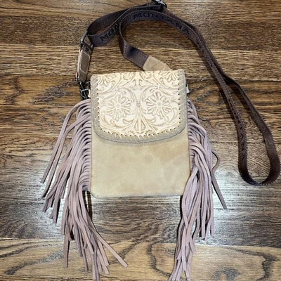 Montana West Genuine Tooled Leather Fringe Small Crossbody Bag Beige BohoWestern - Image 1 of 4