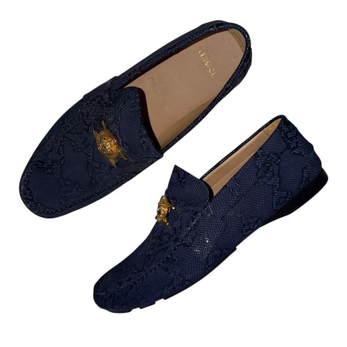 Raro mocassino uomo Versace blu pelle di serpente con medaglione Medusa oro taglia 44
