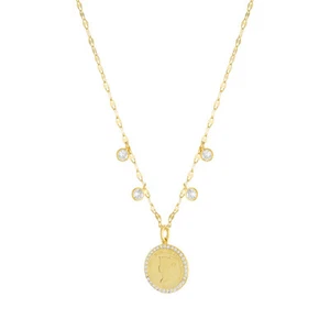 Yellow Gold Plated Sterling Cubic Zirconia Coin Pendant - Picture 1 of 2