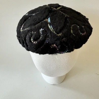 Vintage 1950’s Faux Fur And Sequined Beret Hat By Nancy;Iridescent Floral Design - Image 1 of 4