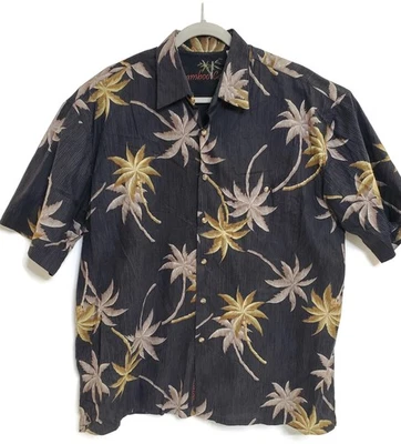 竹制 Cay 衬衫男式大号黑色棕榈树夏威夷纽扣热带海滩 — 第 1/4 张图片