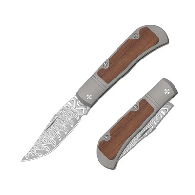 Kizer Trestle Folding Pocket Knife Damascus Blade Titanium & Wood Handle V3761A2 - Image 1 of 4