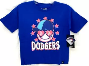 NEW Los Angeles LA Dodgers New Era Raw Hem T-Shirt Blue Glitter girl Youth M 7/8 - Picture 1 of 8