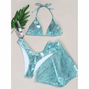 Set Costume da bagno 3 pezzi copri bikini celeste metallico triangolo slip a V - Picture 1 of 5