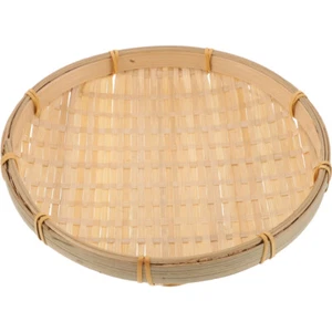 Bamboo Woven Basket Tray 8.65 Inch Flat Wicker Round Fruit Basket Woven Shallow - Picture 1 of 12