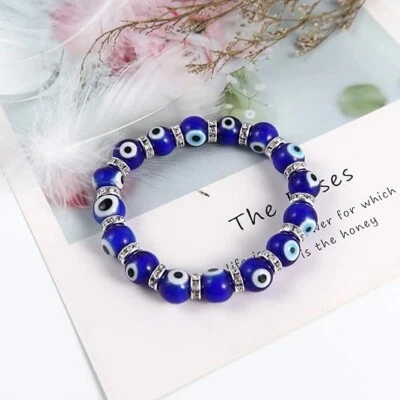 10MM Dark Blue Turkish Evil Eye Crystal Glass Bead Stretch Bracelet - Image 1 of 3