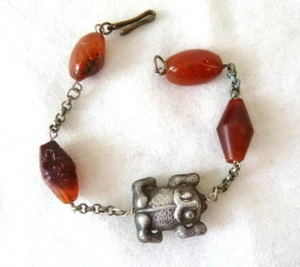Artisan Vintage Rustic Style Carnelian Linked Bracelet Sterling Silver Frog 8.5" - Picture 1 of 5