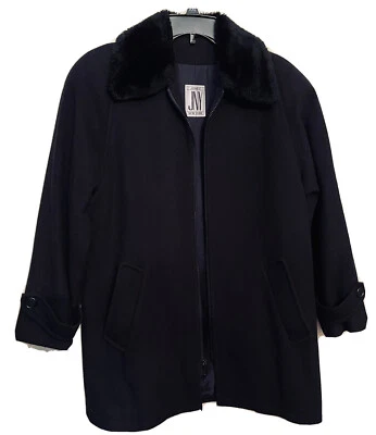 Vintage Jones New York Jacket Pea Coat Wool Black  Faux Fur Black Collar Large - Image 1 of 4