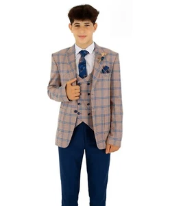 Boys Windowpane Check Suit Peach Navy Slim Fit Page Boy Wedding 3 Piece Set - Picture 1 of 10