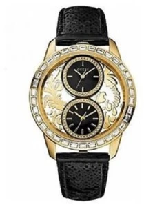 Orologio GUESS Doppio Analogico ORO Floreale e Nero Paillettes Cinturino Pelle 45mm U18512L1 - Foto 1 di 1