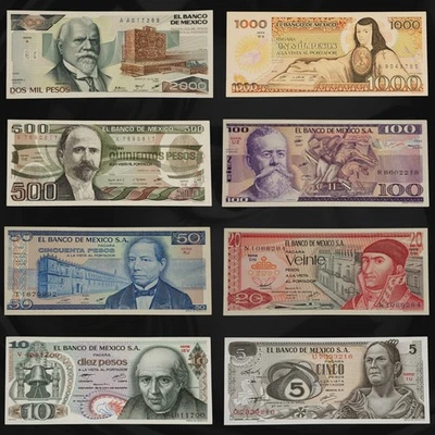 🇲🇽 8 UNC 墨西哥比索纸币套装(1970 年代-80 年代:5、10、20、50、100、500、1000、2000 年) — 第 1/4 张图片