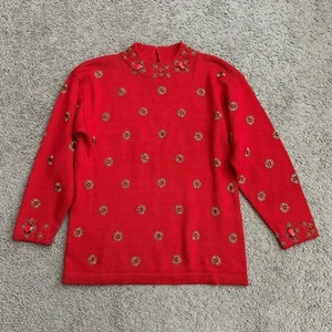 Victoria Harbour Sweater Womens Size S Mock Neck Beaded Red Knit - Picture 1 of 12