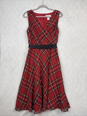 Vestido Coldwater Creek Talla 12 Rojo Tartán Cuadros Cinturón Sin Mangas Vacaciones Navidad Foto 1 de 4