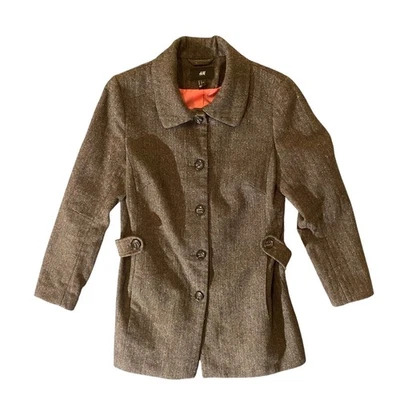 Abrigo para mujer H&M marrón espiga tweed botón delantero talla 12 mezcla de lana Foto 1 de 4