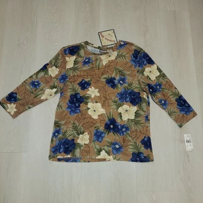 Jamacia Bay Womens Blouse XL NEW Brown Blue Floral Hawaiian Beach 3/4 Sleeve  - Image 1 of 4