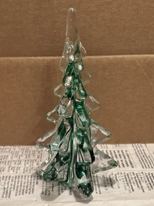 Silvestri Weihnachtsbaum kristallklar mundgeblasen Glas grünes Band Skulptur 7 7/8" - Bild 1 von 7
