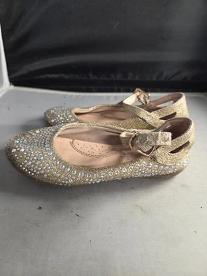 Sparkly Rhinestone Mary Jane Flats Girls Sz 10 Gold Embellished Glitter Shoes - Image 1 of 4