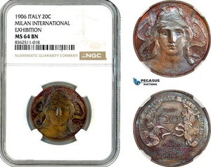 AK786, Italy, Vittorio Emanuele III, 20 Centesimi 1906, NGC MS64BN - Picture 1 of 1