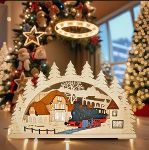 Schwibbogen 3D Bahnhof Dampflok Erzgebirge Handarbeit Ratags LED Weihnachten - Picture 1 of 4