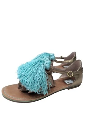 Cynthia Rowley X Roxy Sea Urchin Sandal Womens 8.5 Gold Blue Tassel Leather Flat - Image 1 of 4