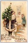 Pocztówka Fioletowa Święty Mikołaj Złota Drzewka pozłacana Dzieci Niemieckie Boże Narodzenie ok. 1910 S31