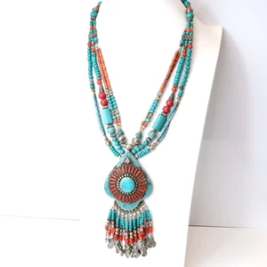 Sterling Silver Tibetan Native Multi Strand Statement Necklace Turquoise Coral - Picture 1 of 12