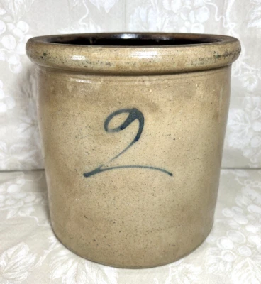 Antique Stoneware Crock with Great Blue Detailing 2 Gallon Unbranded - Image 1 of 4