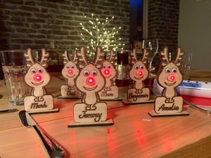 Personalised Rudolph Christmas Place Setting with red LED light up nose! From £5