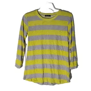 David Cline Top Womens Small Lemon Yellow Gray Stripe Tee Made In USA Crew Neck - Picture 1 of 9