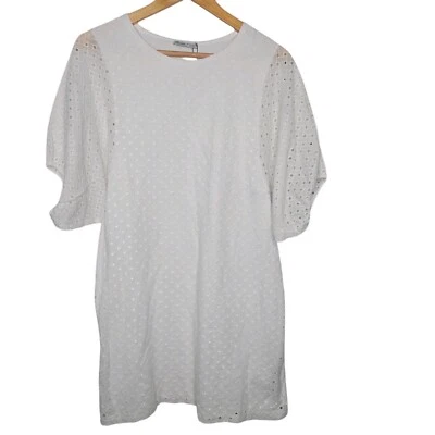 ZARA White Cotton Eyelet Puff Sleeve Crewneck Sheath Dress Size Medium  - Image 1 of 4