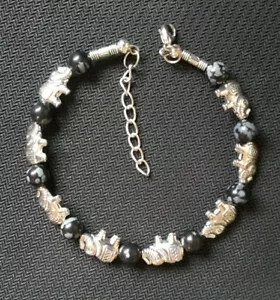 Ladies Bangle Tibetan Silver Elephant Snowflake Obsidian Bead Bracelet Jewelry - Picture 1 of 1
