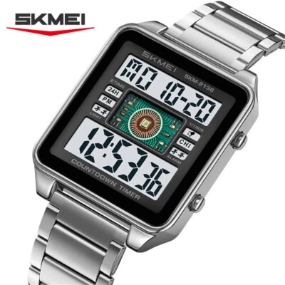 SKMEI Men Sport Watch Rectangle Dial Digital Wristwatch Male Steel LED Watches - Image 1 of 4